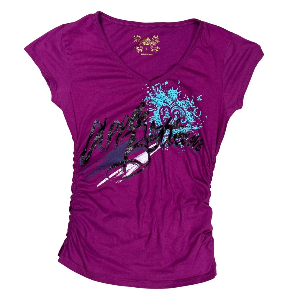 Apple Bottoms T-Shirt Women Large Purple Graphic Ruched Glitter V-Neck Y2K 2000s